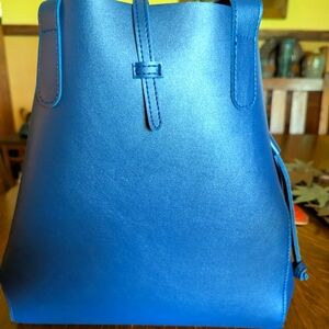 Neiman Marcus Navy Faux Leather Tote and Cosmetics Bag